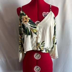 FARM Rio Cream Tropical Floral Button-Front Crop Camisole